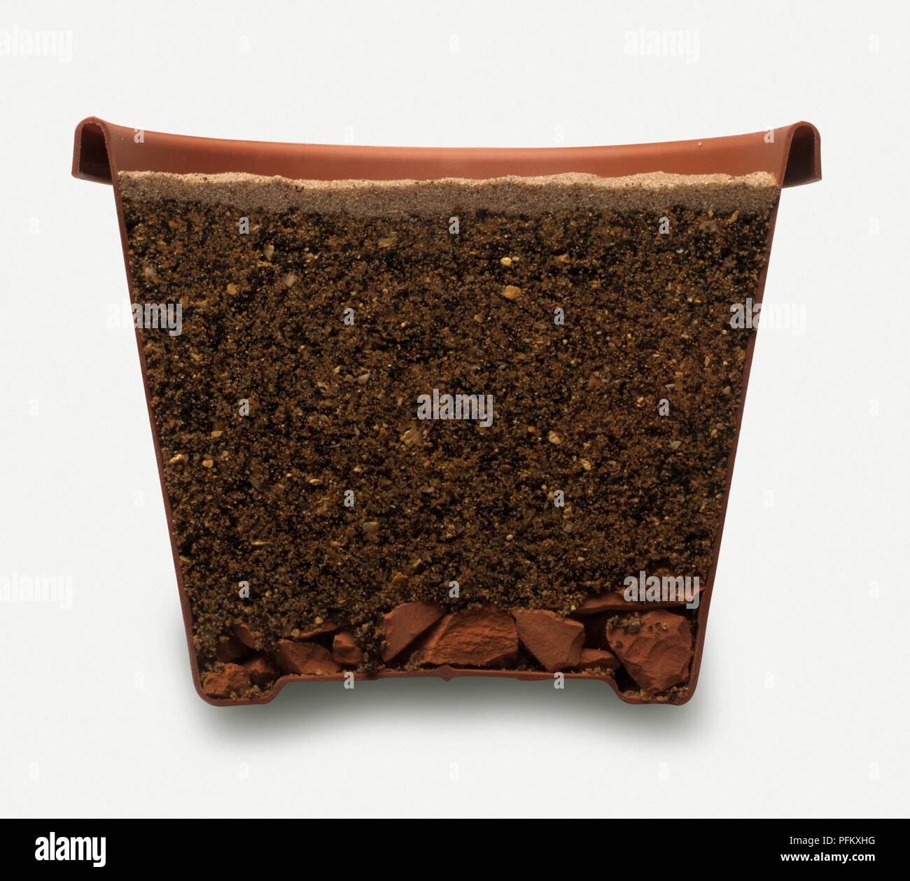 Cross section of plant pot showing seeds in silver sand above seed compost and drainage layers of broken clay pot at bottom Stock Photo