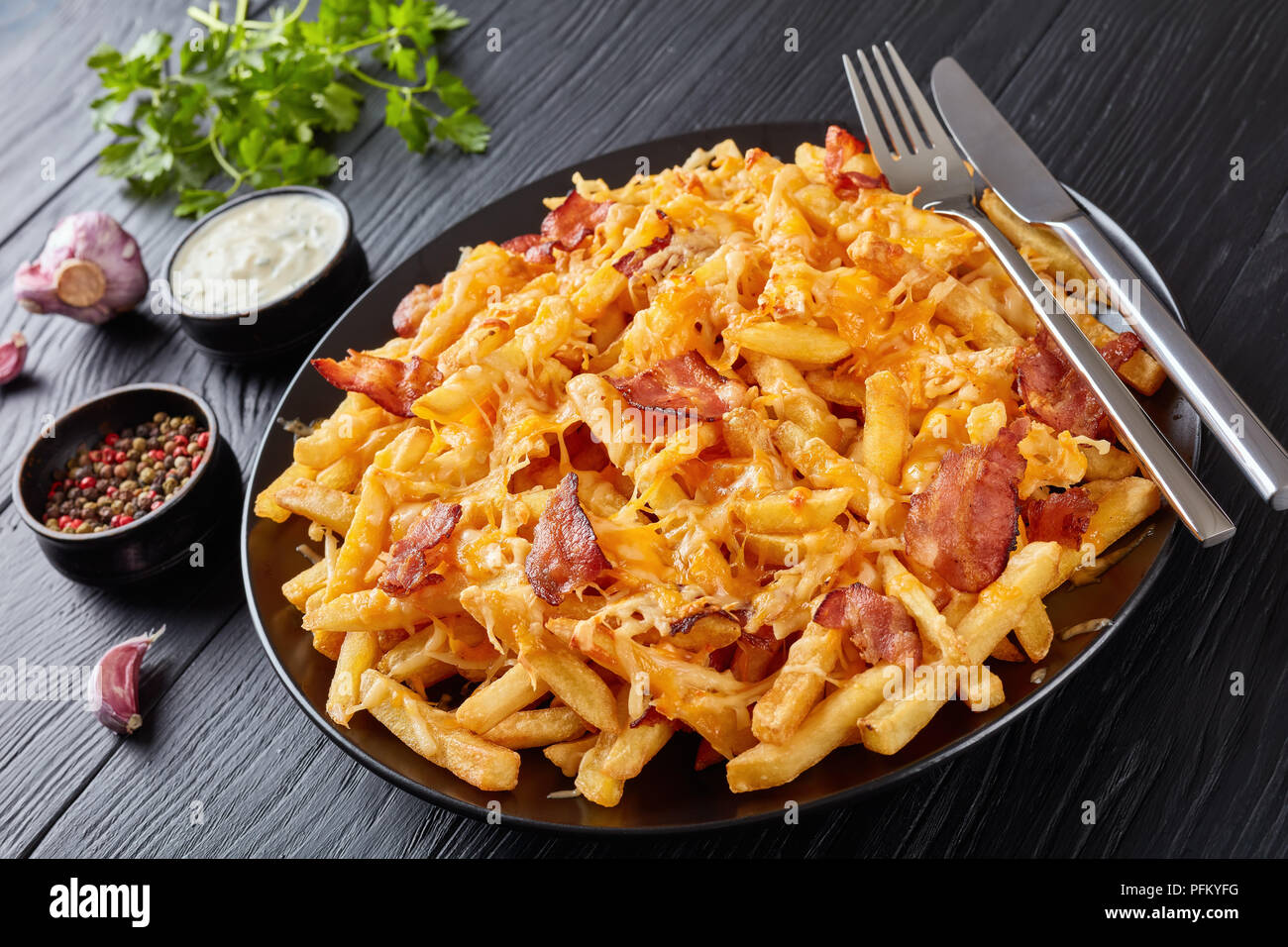 french fries with melted mix of shredded cheese and bacon served on a
