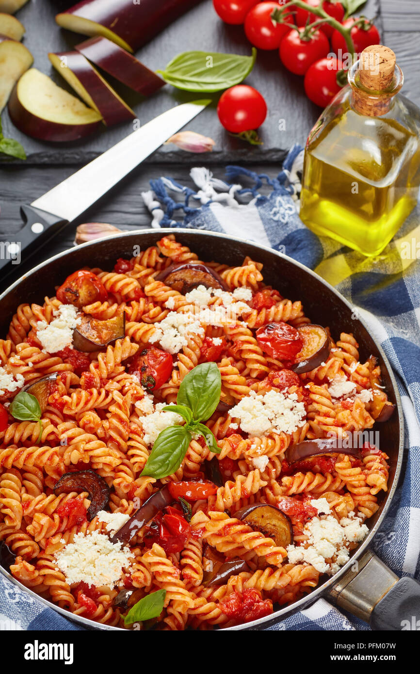 Vegetarian Italian Pasta fusilli alla Norma with eggplant, tomatoes