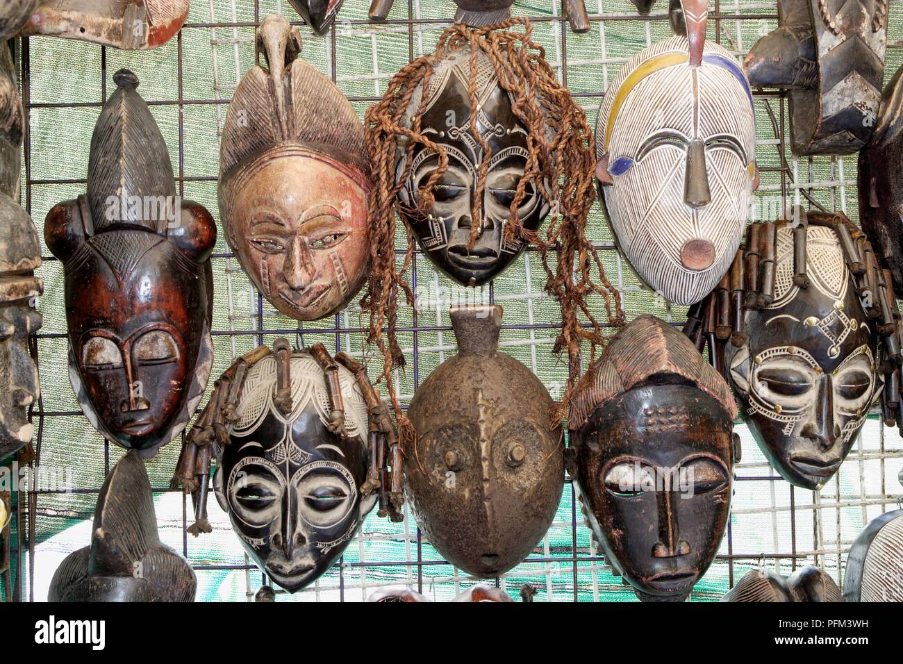 South Africa, Cape Town, Greenmarket Square, tribal masks for sale at