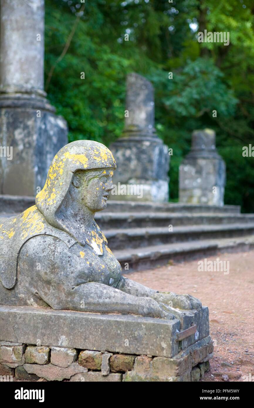 Belgium, Domaine De Mariemont, remains of Roman sphinx and column of ...