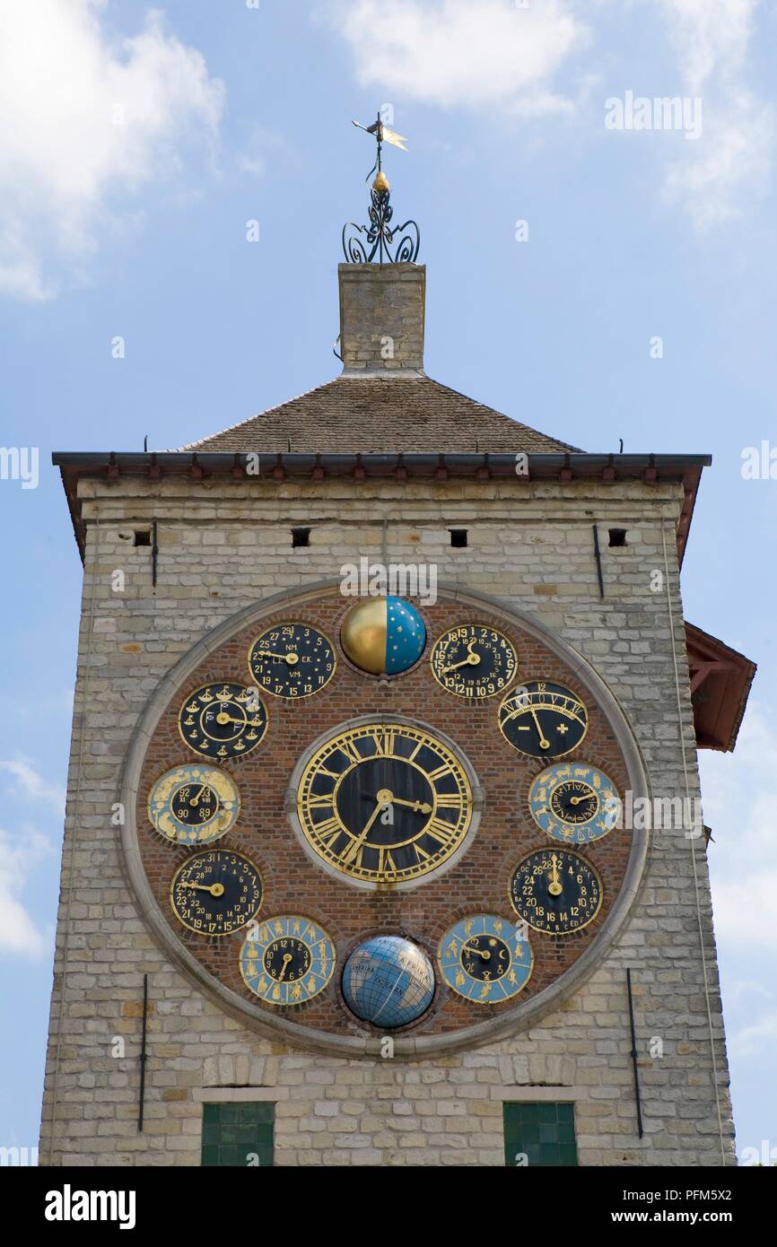 Belgium, Lier, Zimmertoren, dials and clock face on clock tower Stock Photo