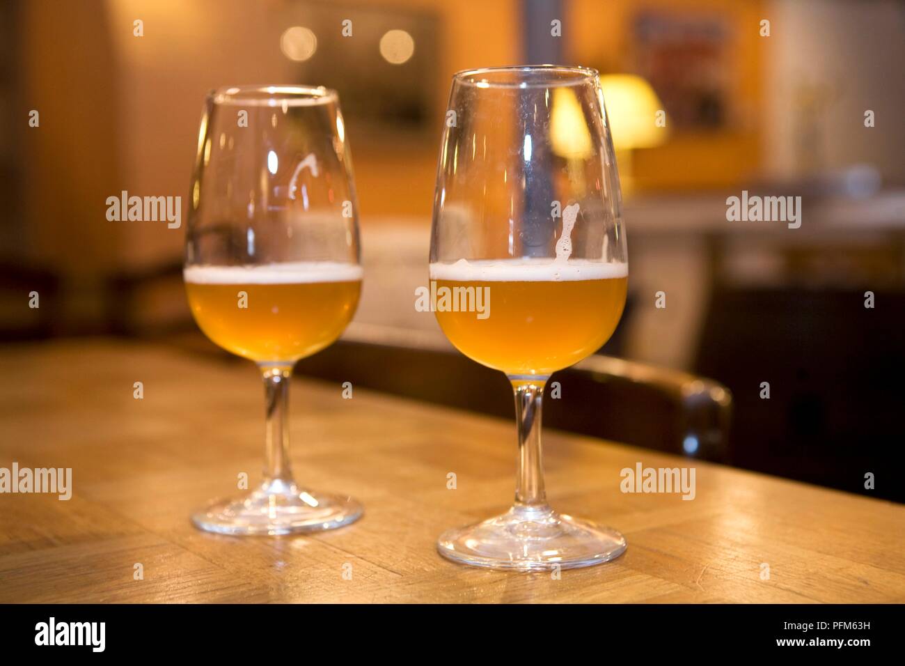 Belgium, Brussels, Musee Gueuze, two glasses of beer on table in Brasserie  Cantillon Stock Photo - Alamy