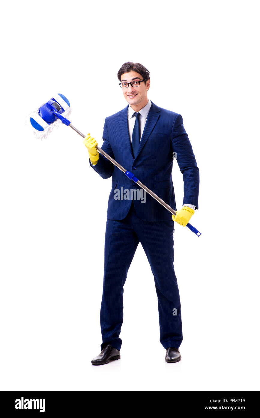 Handsome businessman with the mop isolated on white background Stock ...
