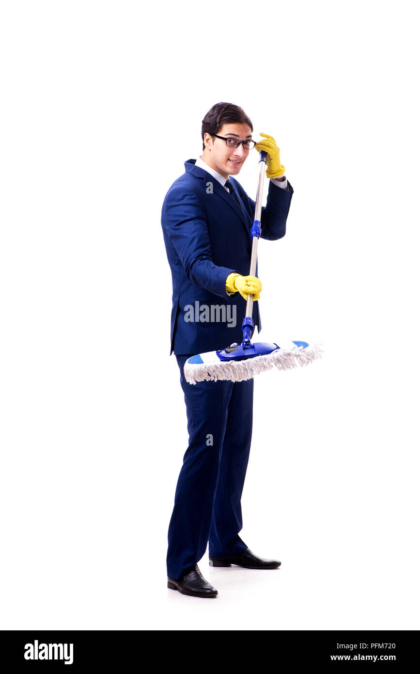 Handsome businessman with the mop isolated on white background Stock Photo