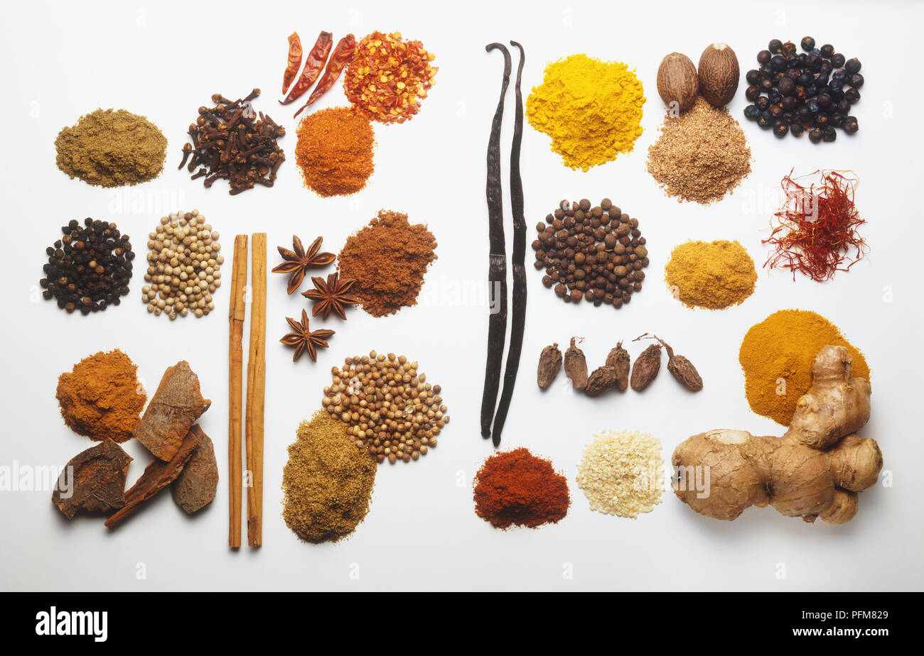 Spices, whole, dried and ground, including ginger, nutmeg, pepper, saffron, star anise, vanilla Stock Photo
