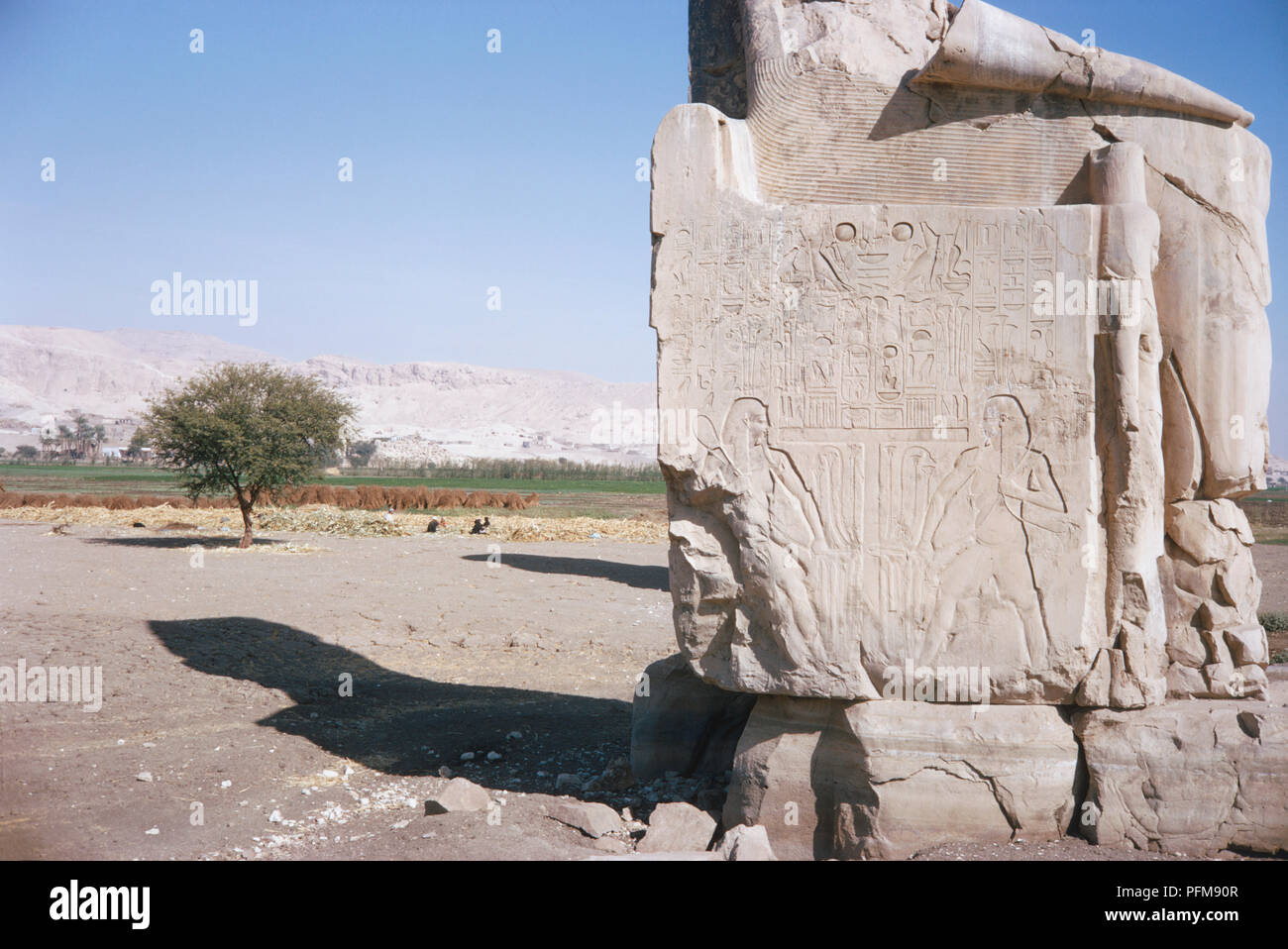 Egypt, Thebes-Luxor, detail of carved pictures and hieroglyphics on one of two Colossi of Memnon statues originally part of the mortuary temple of Amenhotep III (1417-1379 B.C.), damaged by the flooding waters of the Nile and an earthquake. Stock Photo
