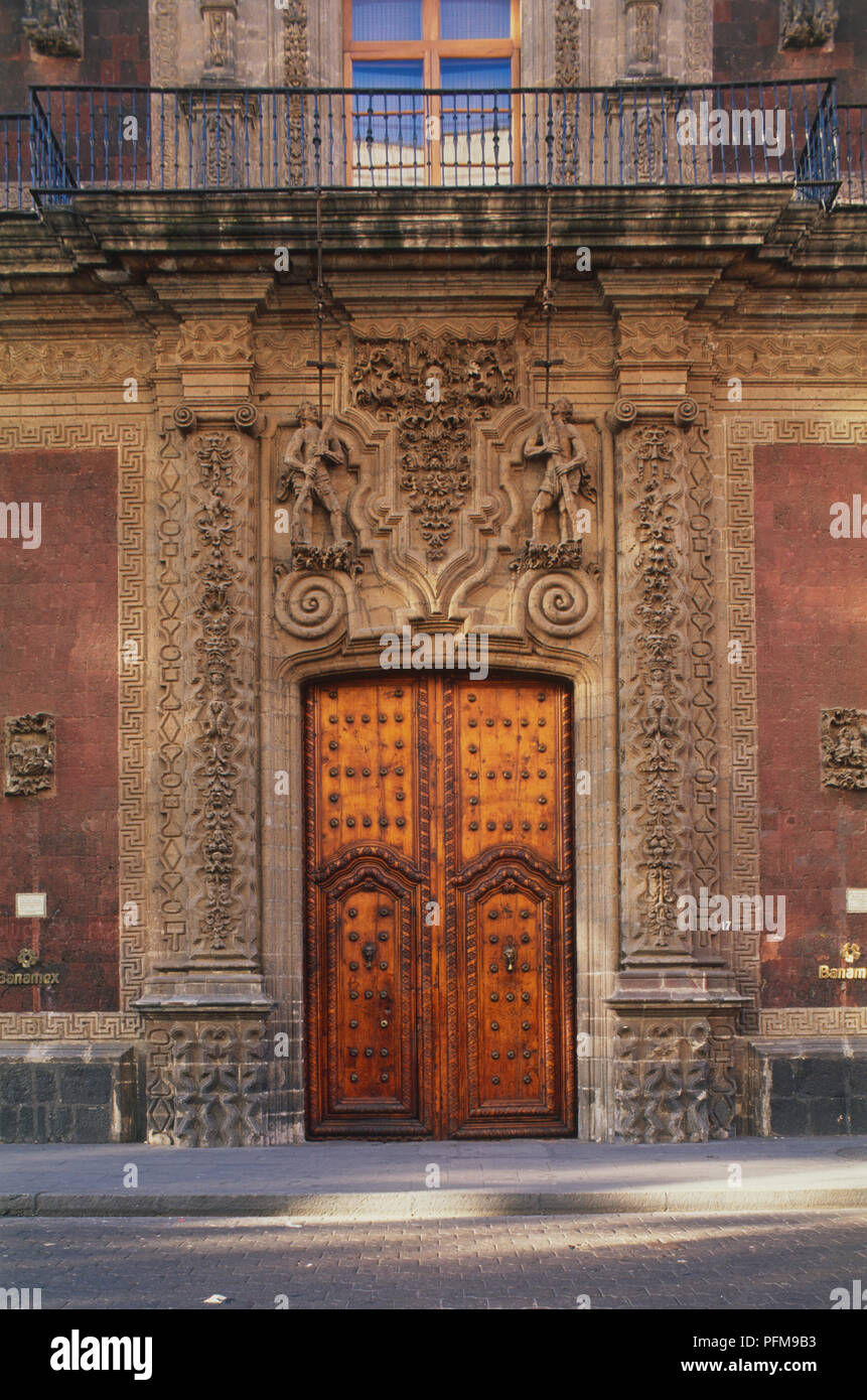 Mexico, Mexico City, Palacio de Iturbide, entrance section of ornate facade.