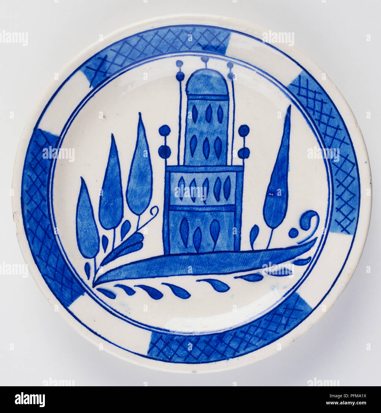 Asia, Turkey, blue and white decorated Turkish plate, painted with image of elegant mosque and trees. Stock Photo