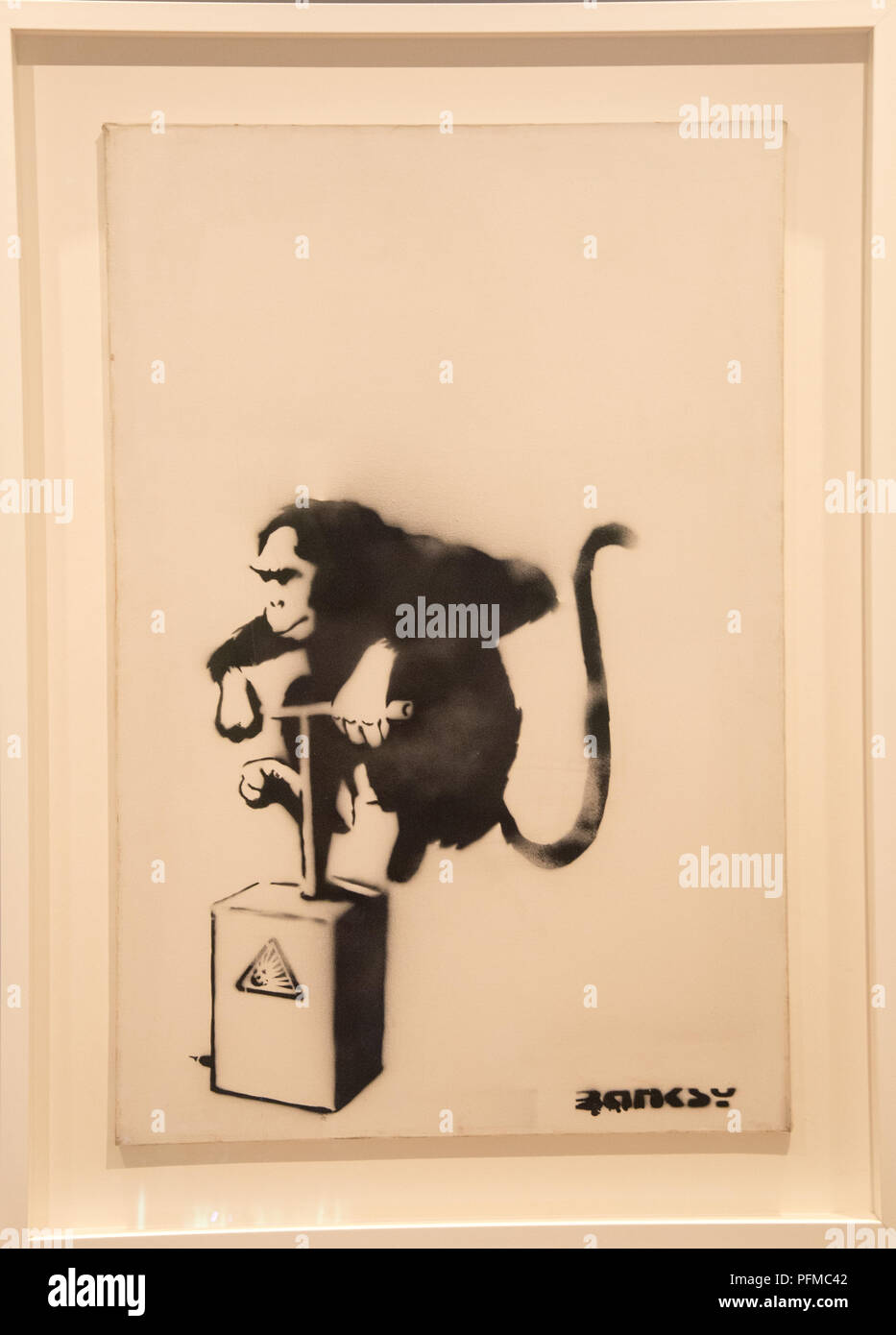 'Monkey detonator' from Banksy at exposition at MOCO museum in Amsterdam, Holland Stock Photo