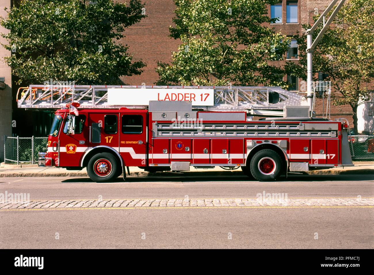 USA, Massachusetts, Boston, fire engine parked in street Stock Photo