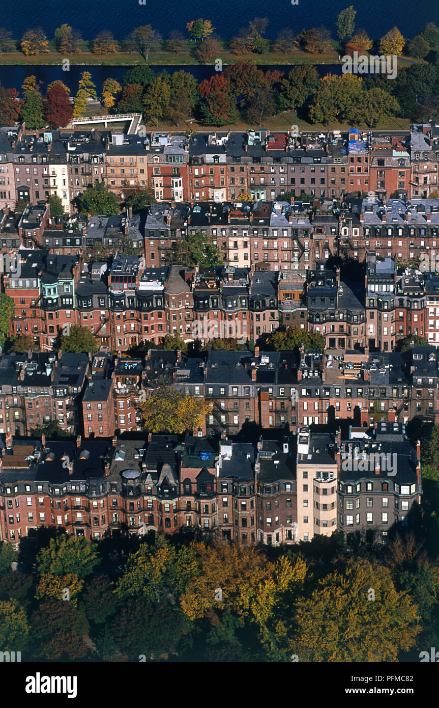 USA, Massachusetts, Boston, Back Bay, rows of 19th century houses interspersed with trees, seen from top of John Hancock Tower Stock Photo