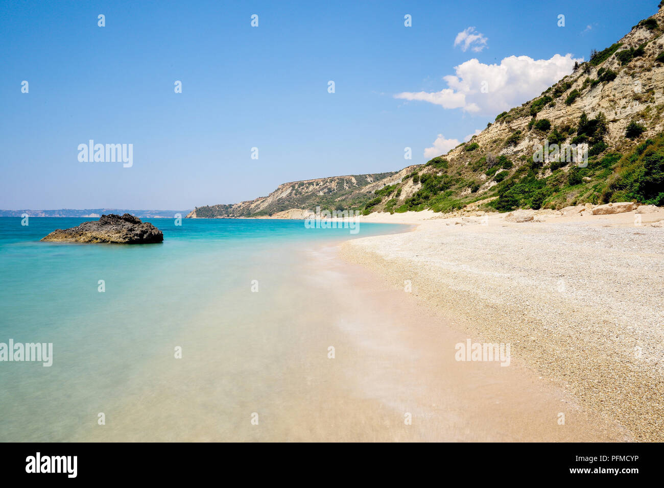 Flight over of Paradise beach at Corfu island in Greece Stock Photo