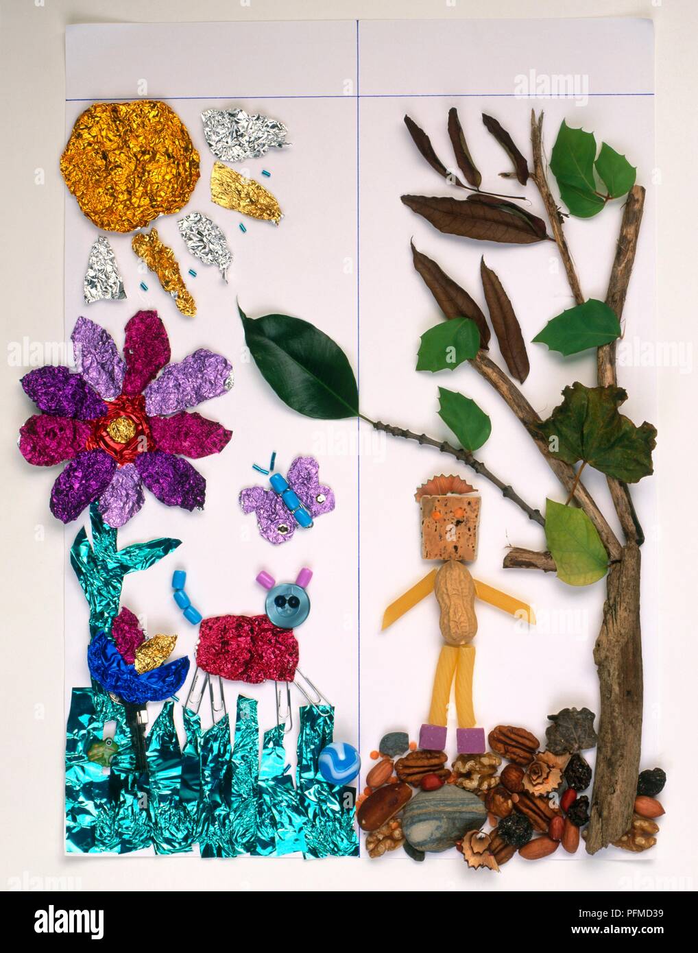Collage picture made with natural materials and with tin foil, beads and  paper Stock Photo - Alamy