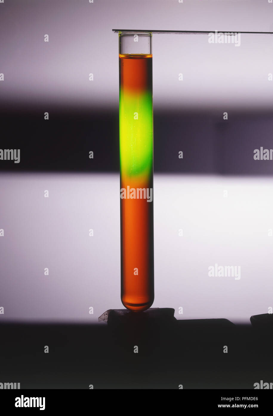 A test tube contaiing a solution of sodium fluorescein Stock Photo