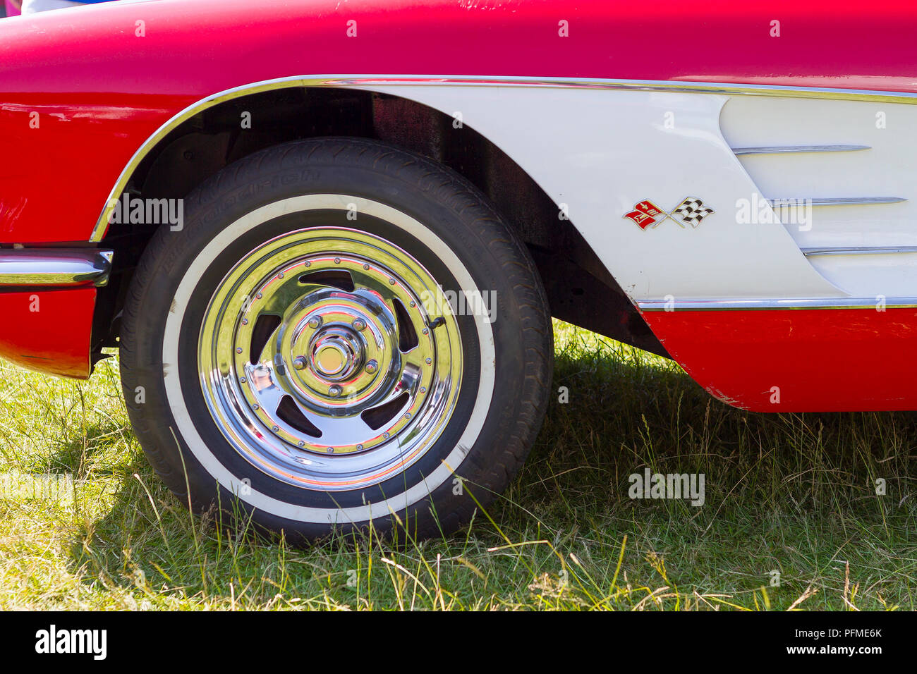 Wheel and wing of a Chevrolet Corvette at Tatton Park American Car Show Stock Photo