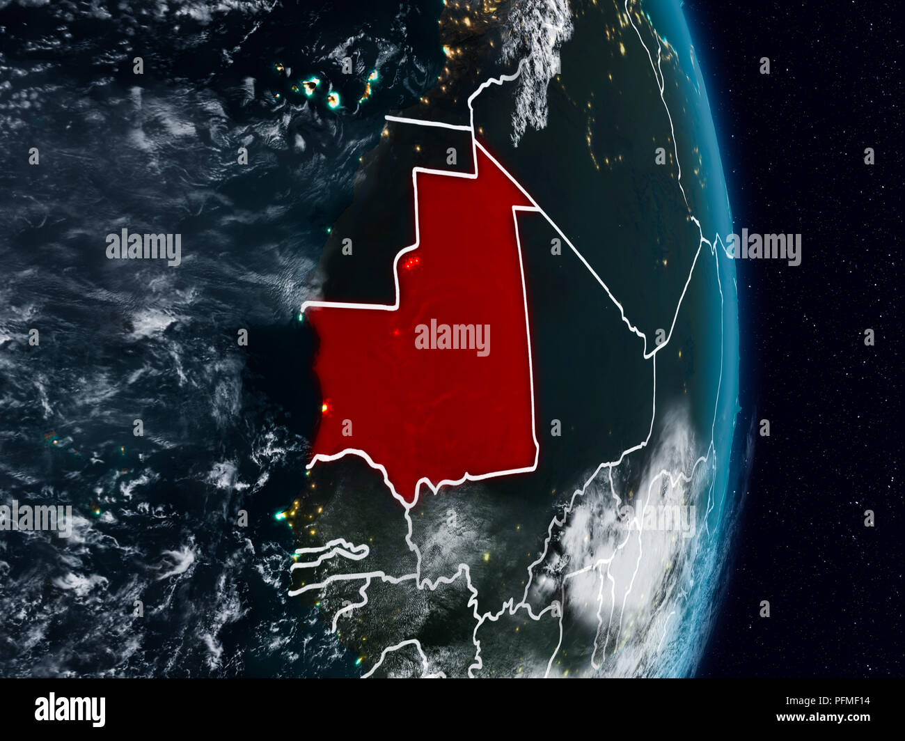 Mauritania from space on planet Earth at night with visible country ...