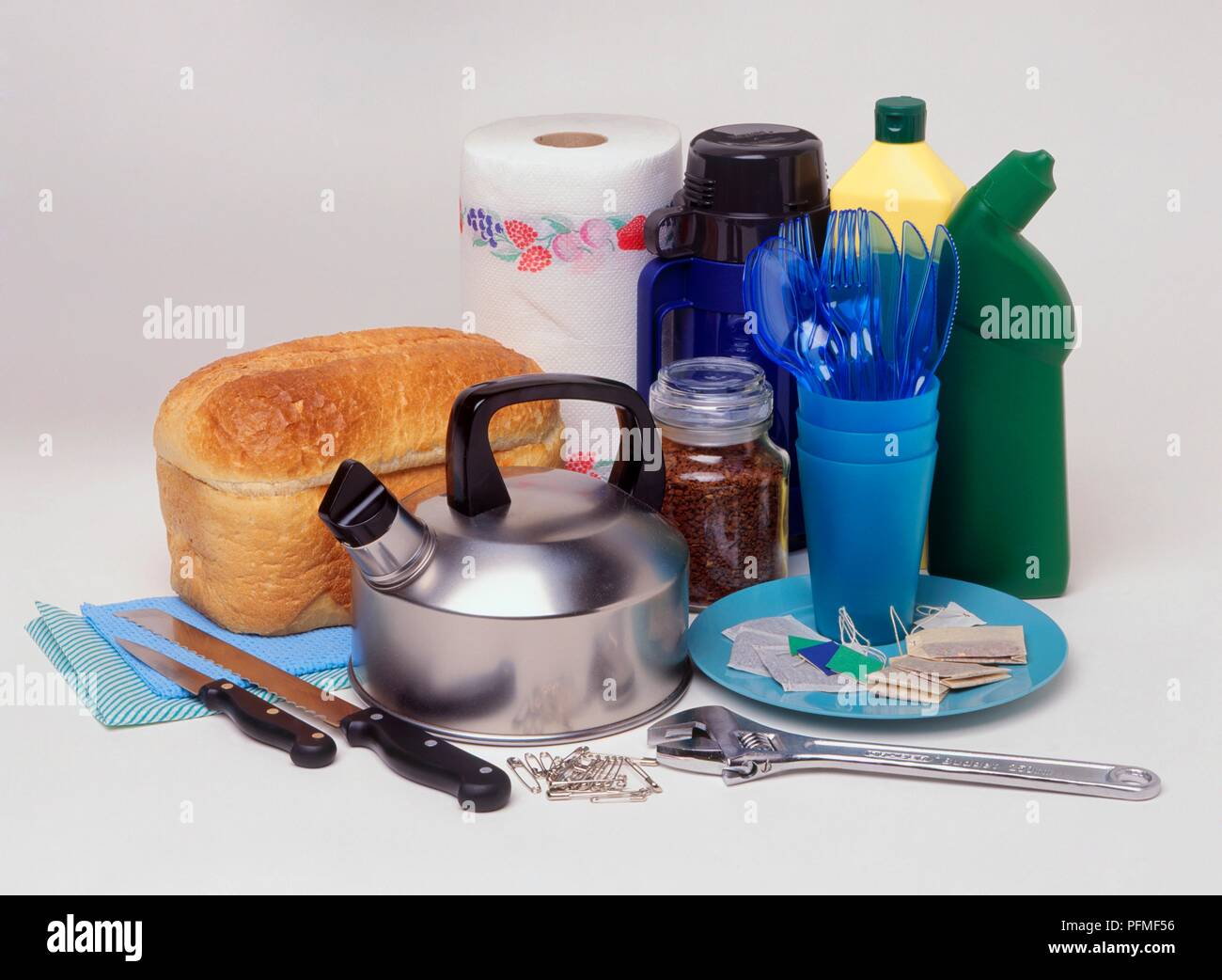 Selection of household objects and some food for camping Stock Photo