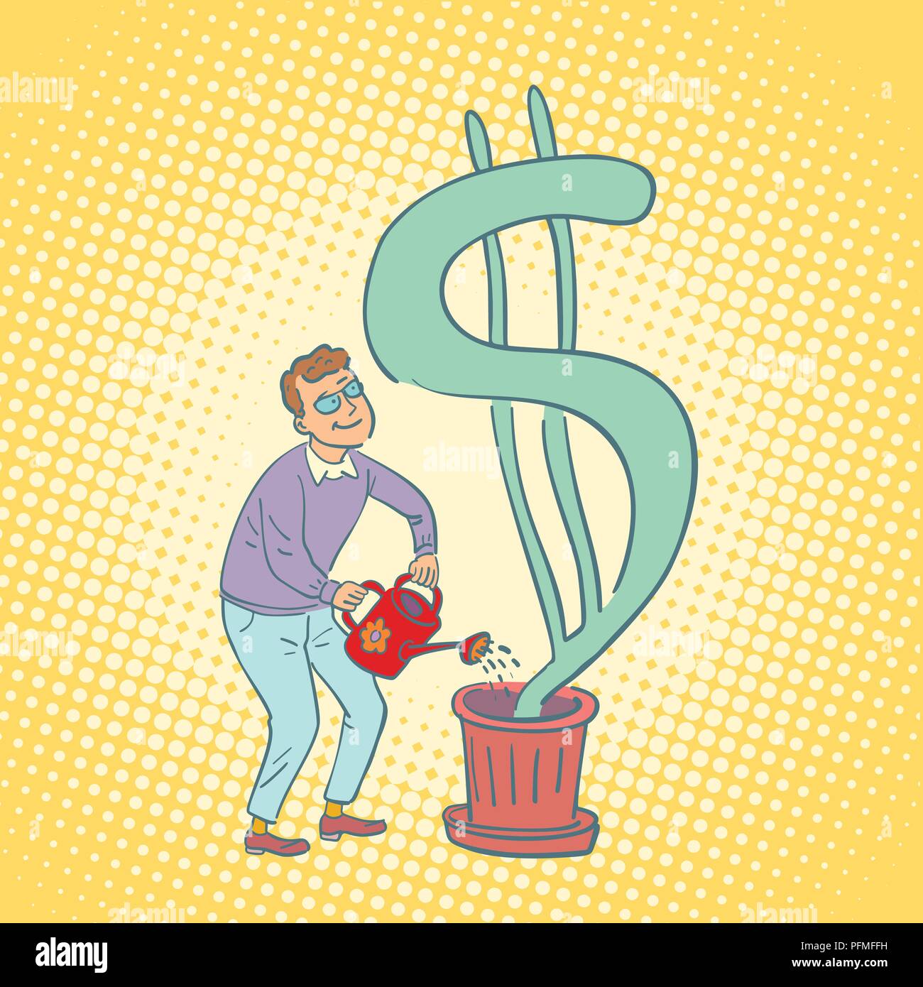businessman grows dollar. Finance and investment. Comic cartoon pop art