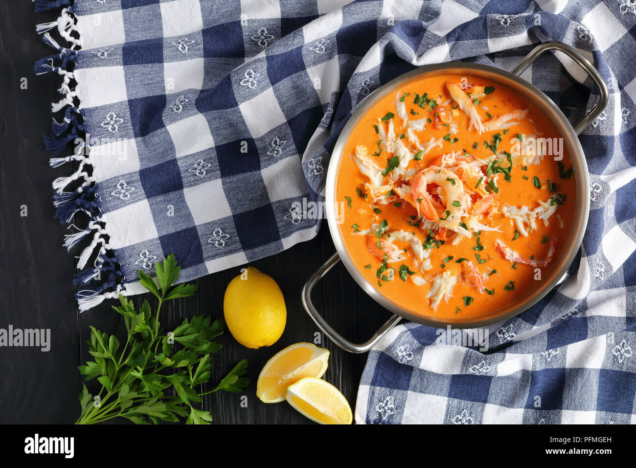 delicious hot bisque or thick soup of shredded snow crab meat, prawn