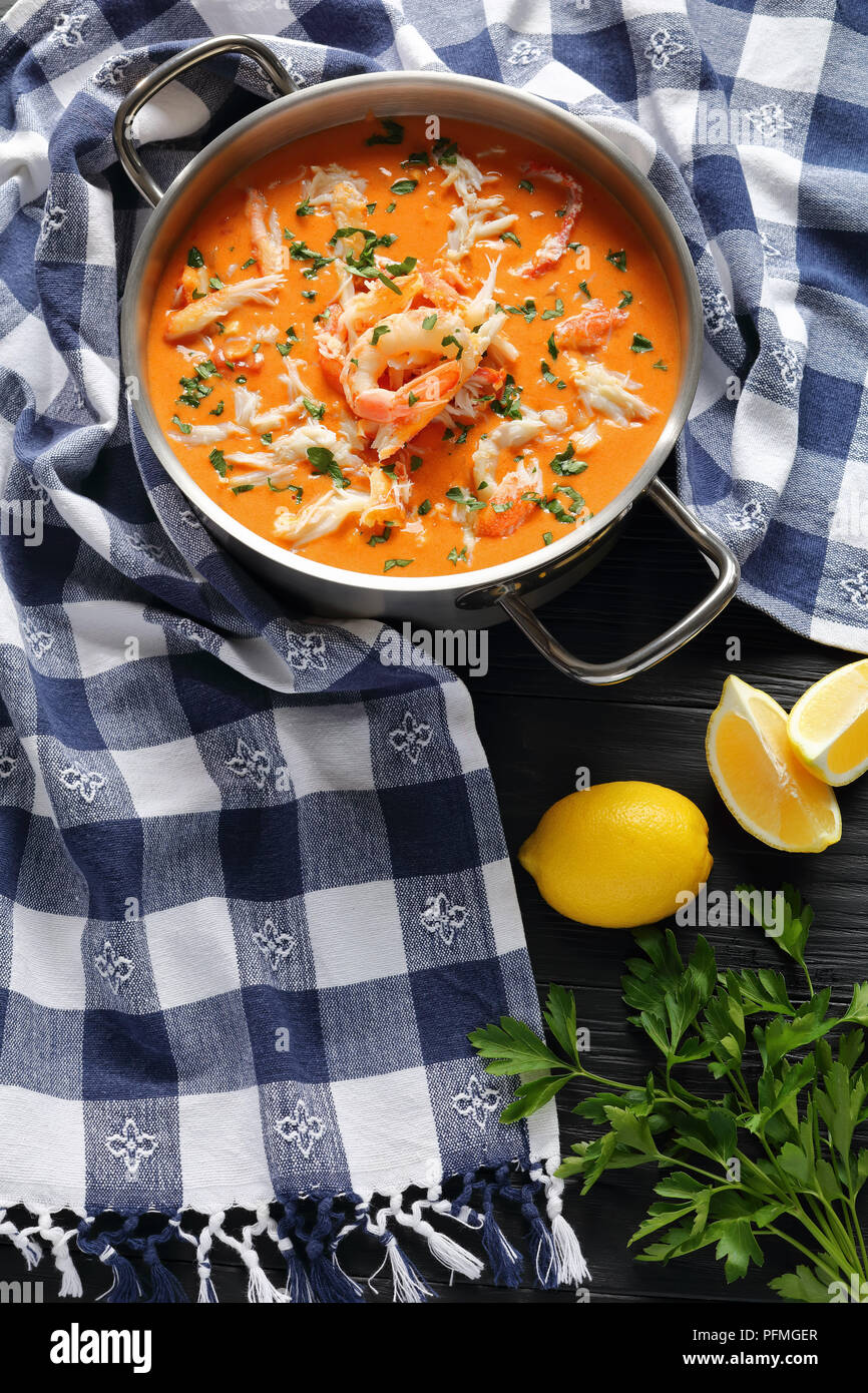 delicious hot bisque or thick soup of shredded snow crab meat, prawn