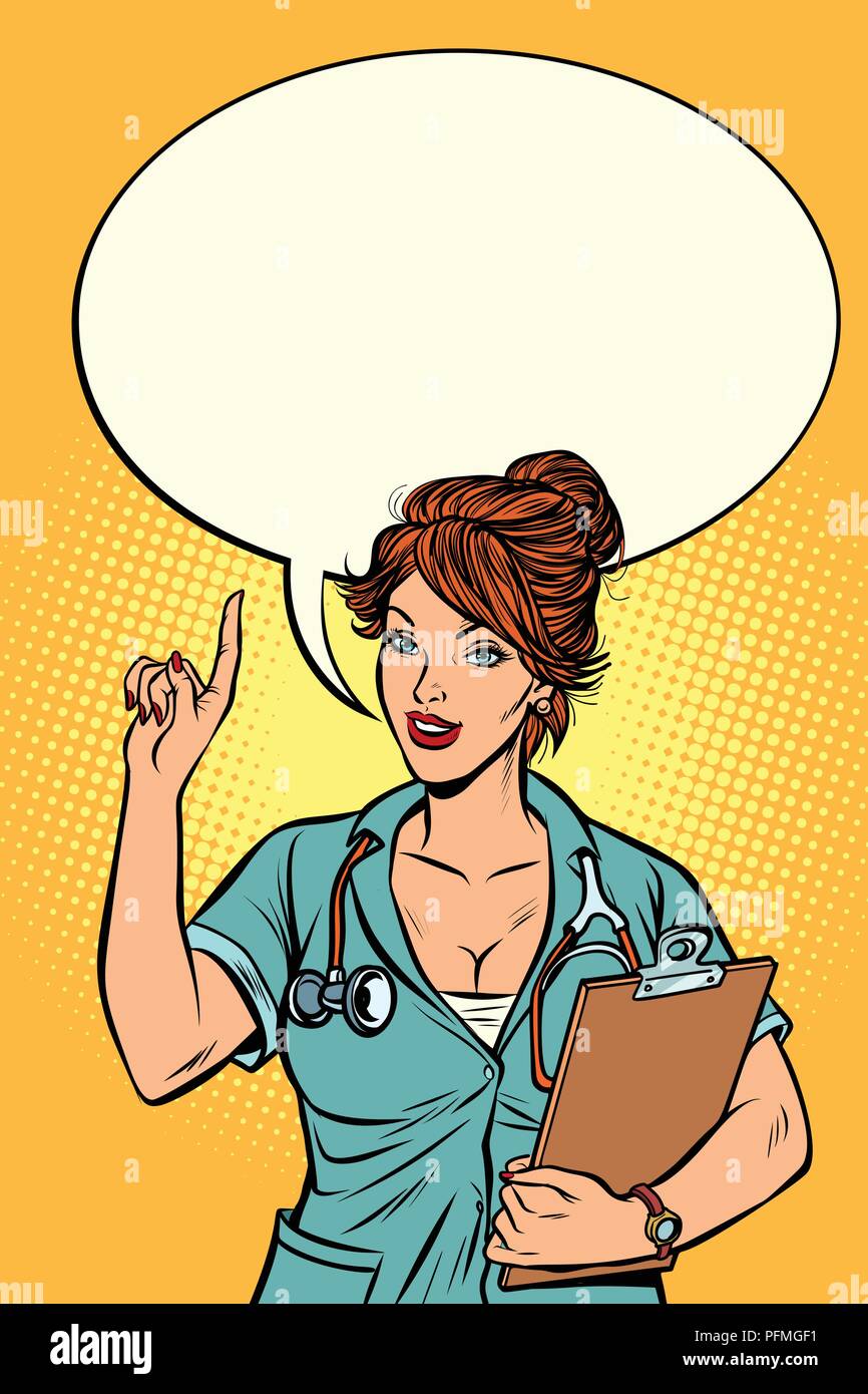 woman doctor, medical profession. Comic cartoon pop art retro vector illustration drawing Stock Vector