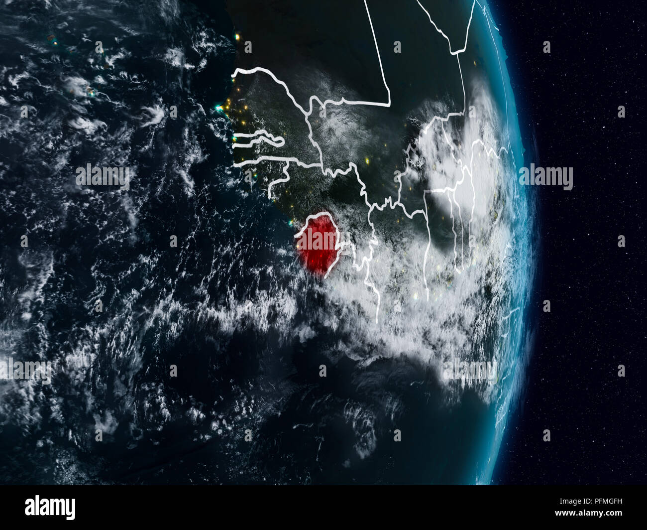 Sierra Leone from space on planet Earth at night with visible country ...