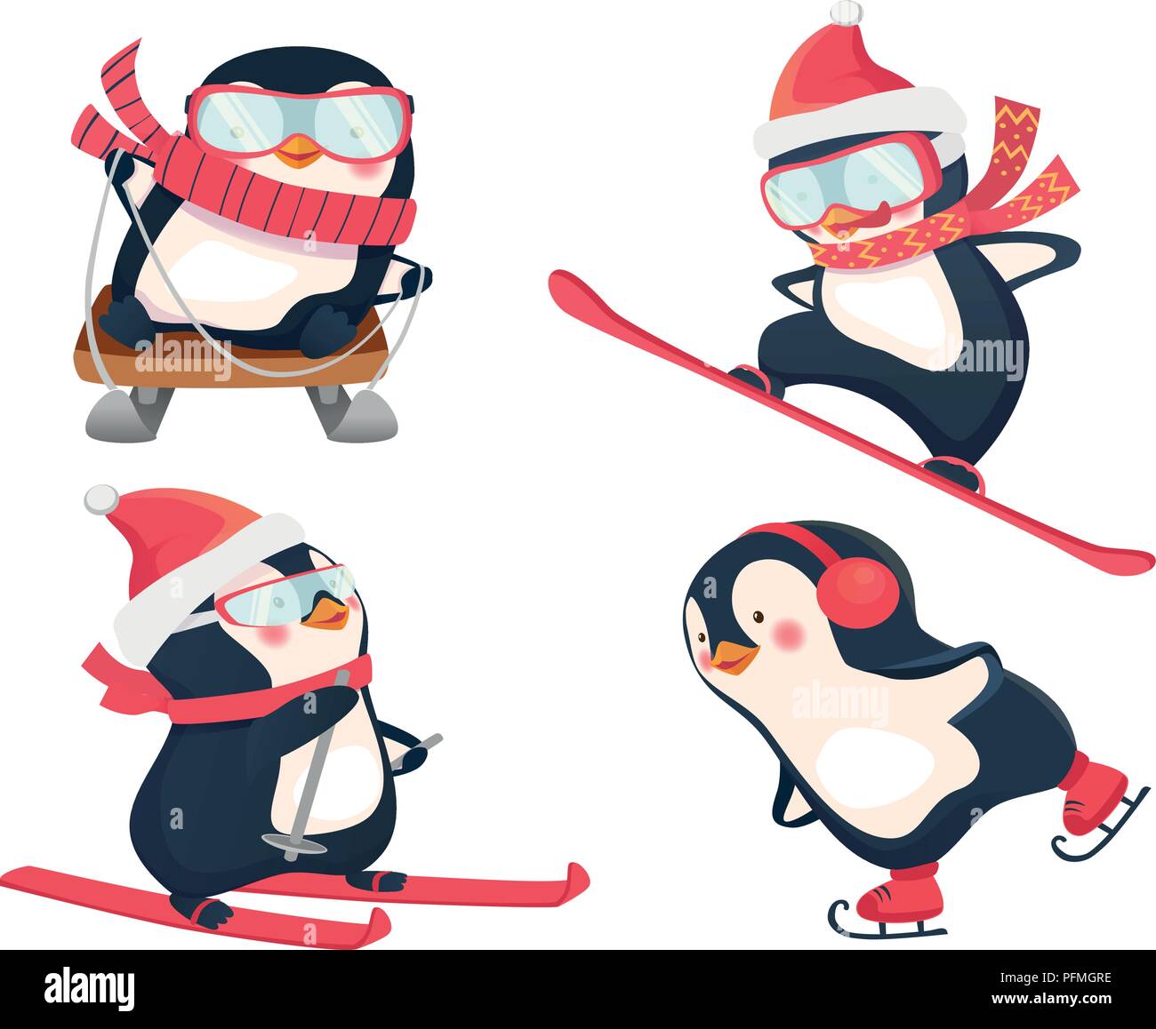 Snowboarder, skier, ice skater and luger vector illustration. Active penguins in winter Stock Vector