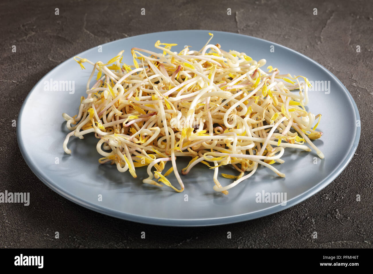 freshly grown mung Bean Sprouts on plate on concrete background, major ingredient of asian cuisine, healthy life concept, view form above, close-up Stock Photo