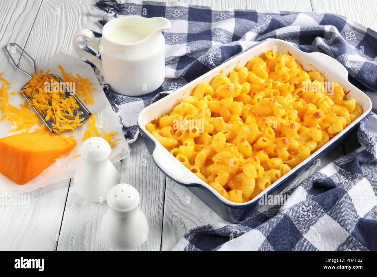 Mac And Cheese American Style Gratin Of Elbow Pasta With Cream And Sharp Cheddar Cheese Sauce In Baking Dish Old School Authentic Recipe View From Stock Photo Alamy