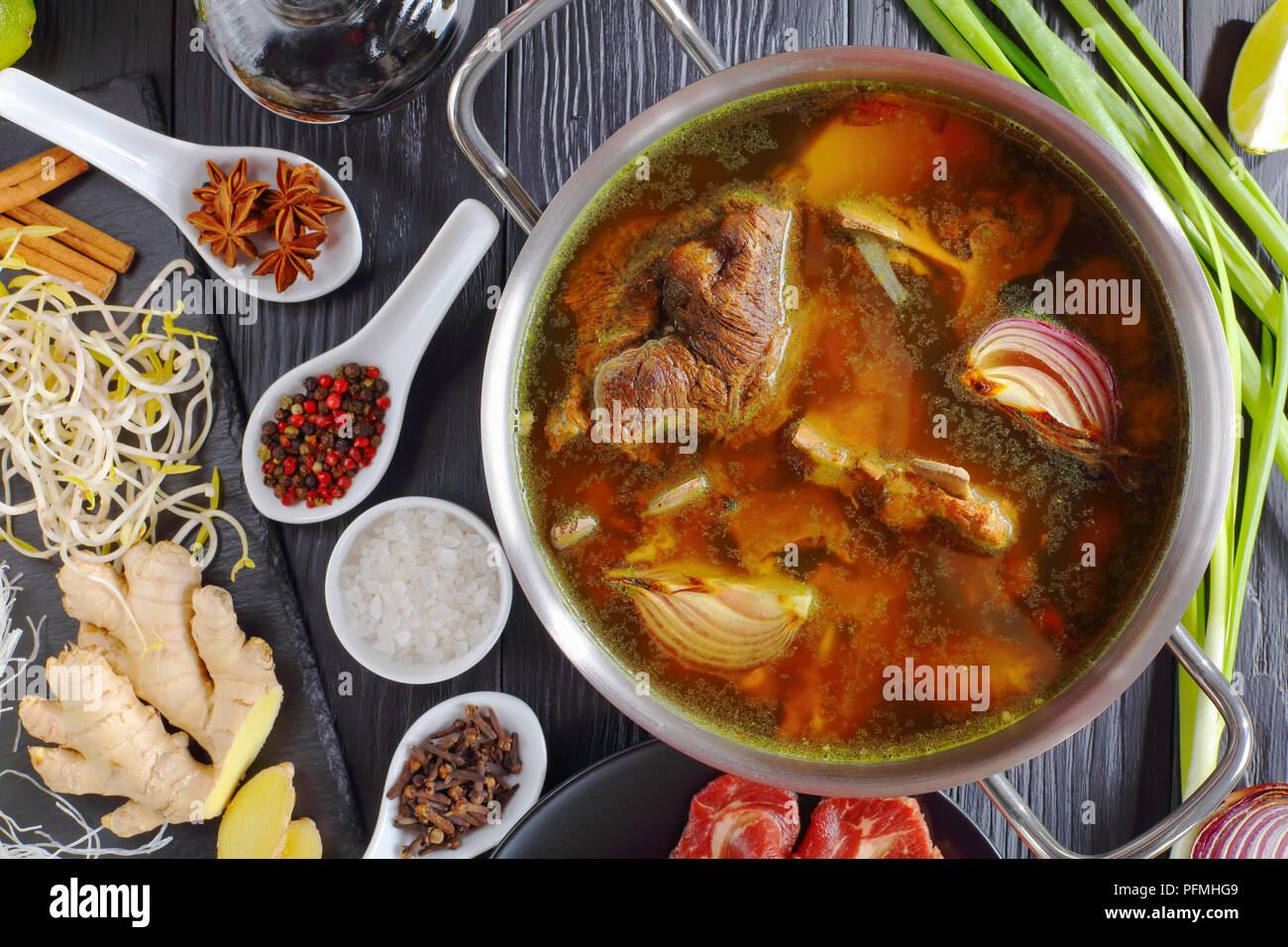 beef bone broth and other ingredients for classic Vietnamese soup Pho