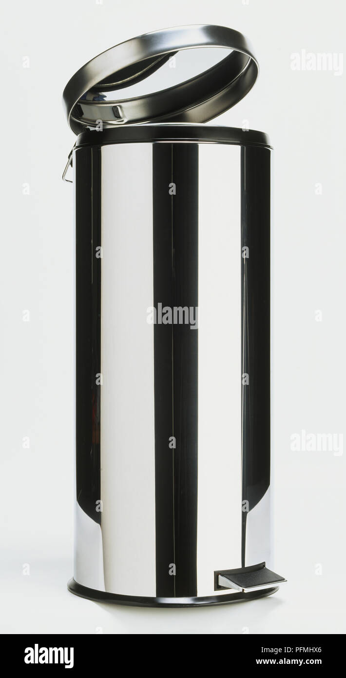 Black and white striped kitchen pedal bin. Stock Photo