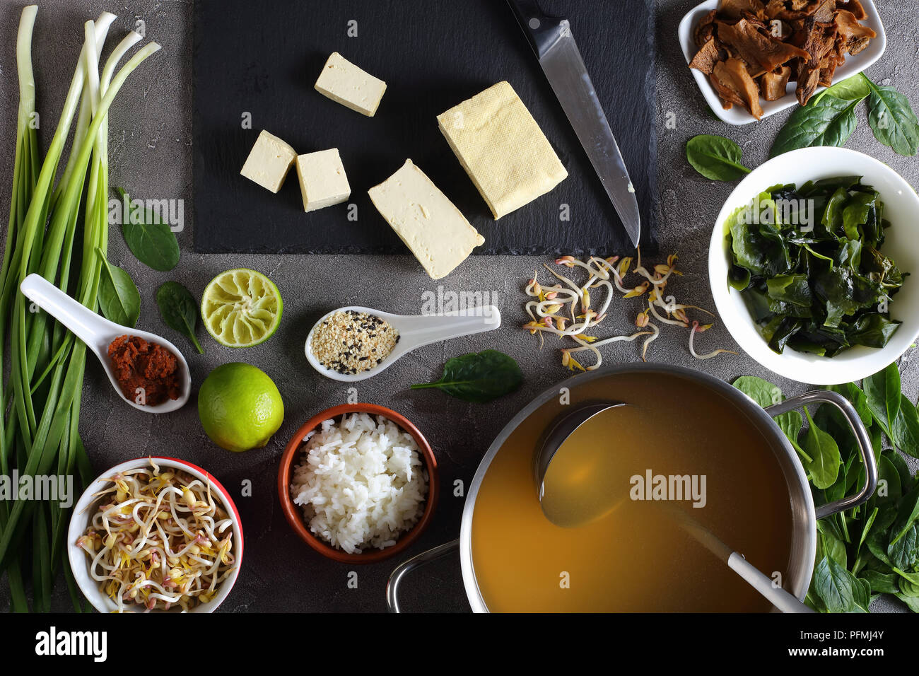 ingredients for traditional japanese miso soup. dashi, miso paste