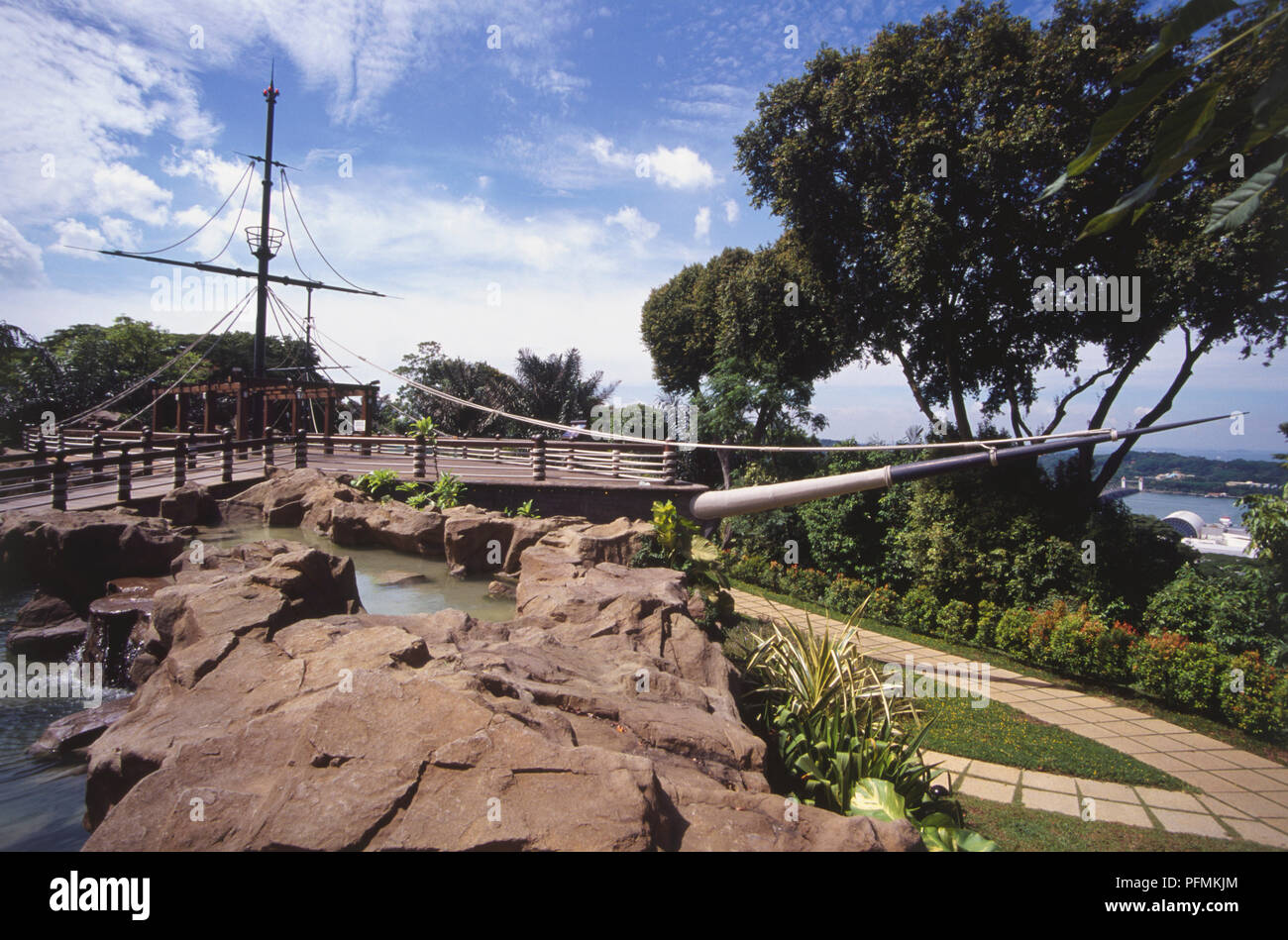 Singapore, Mount Faber Park, Marina Deck, reconstruction of a twomasted wooden ship sitting in