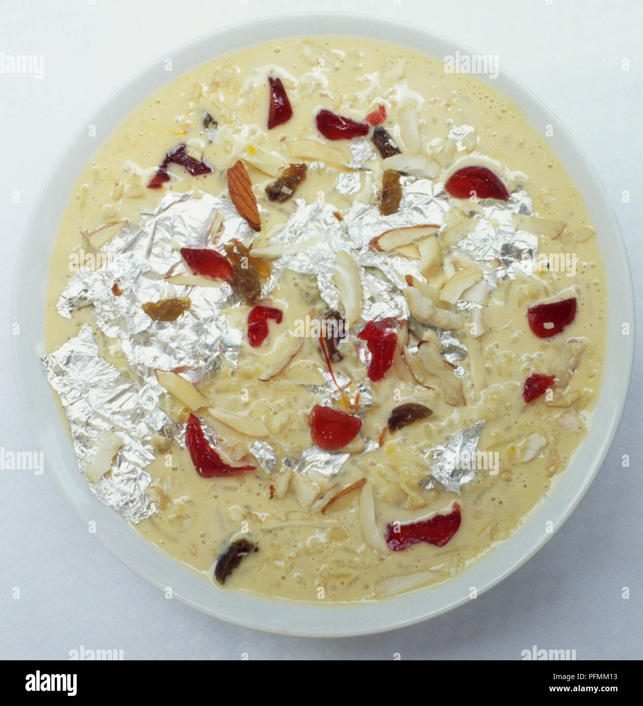 Kheer, Indian pudding made of rice and milk, elaborately garnished with