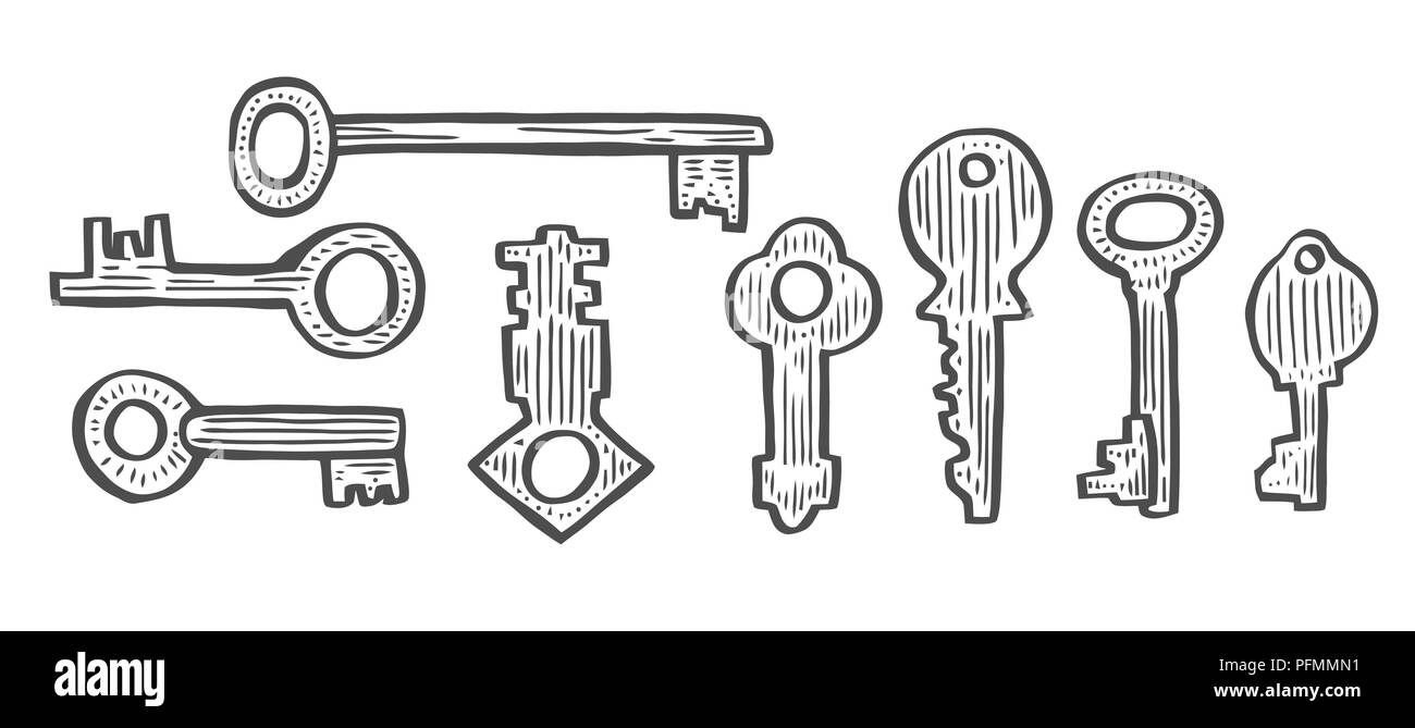 Vintage key vector set in engraving style. Antique collection retro security design illustration Stock Vector