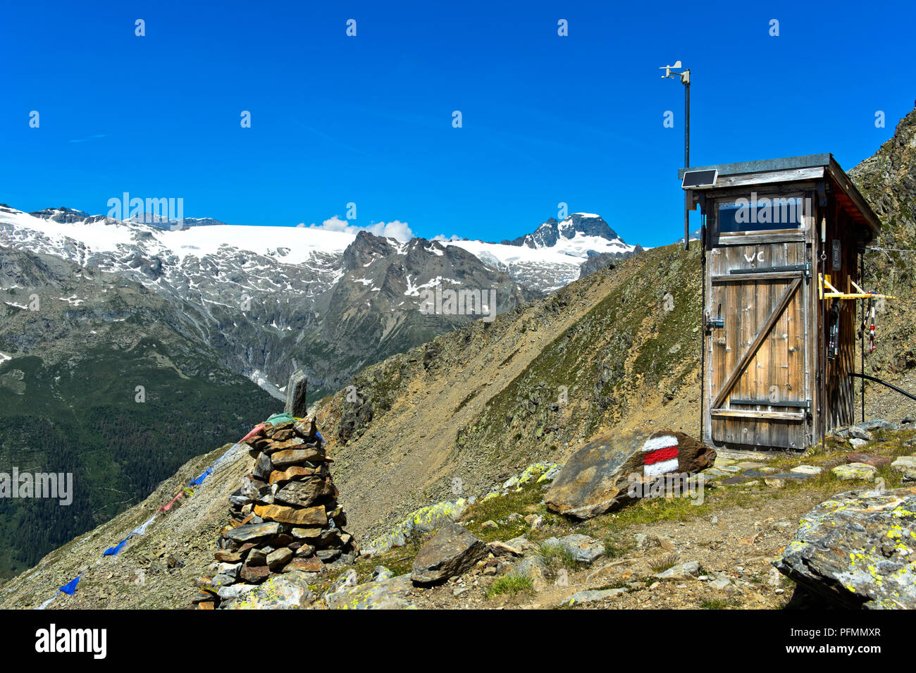 Toilet at the Bietschhorn mountain hut, Lötschental valley, Valais, Switzerland Stock Photo