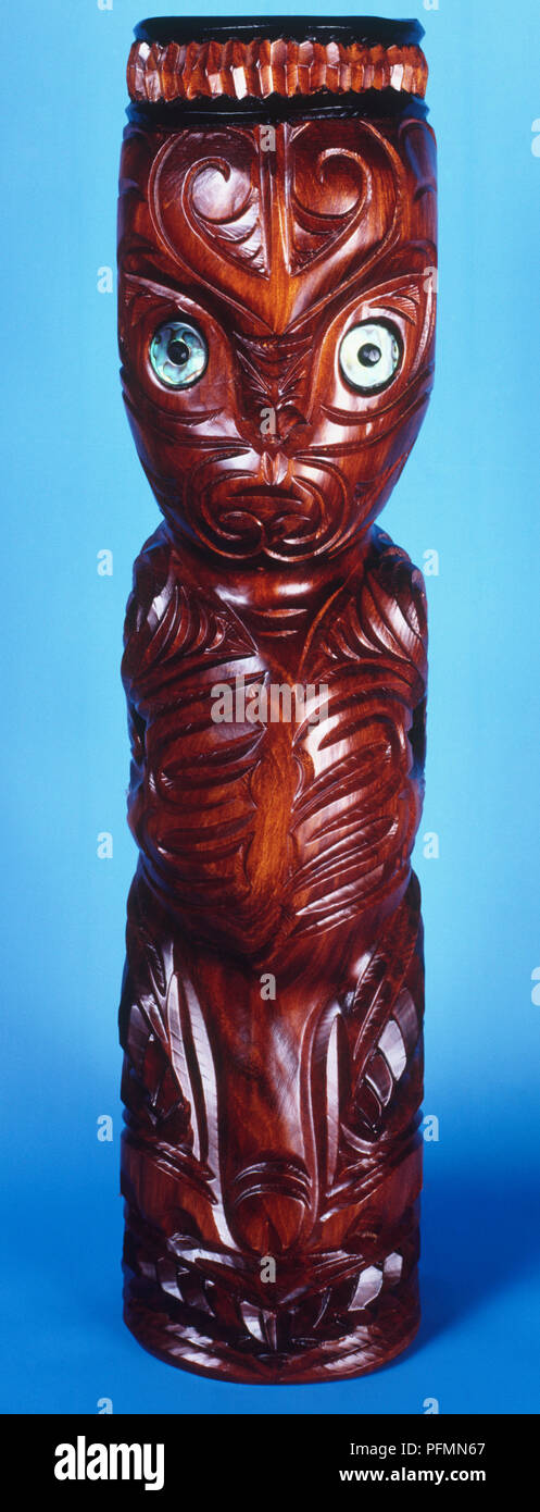 Carved Maori Poupou figure from New Zealand, close-up Stock Photo