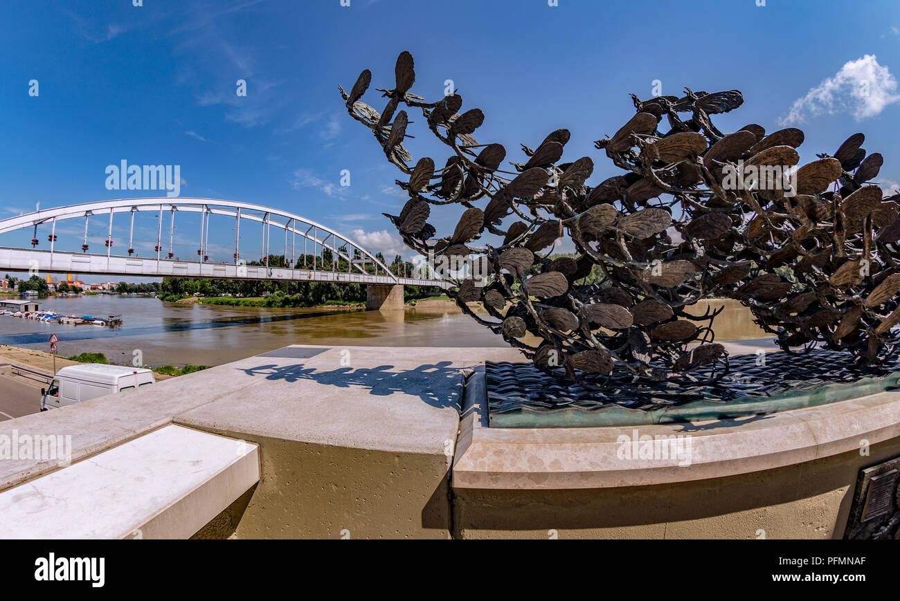 The beautiful embankment of Tisza river with the famous Belvarosi hid bridge,also known as Downtown bridge.In the foreground is a sculpture of day fly Stock Photo