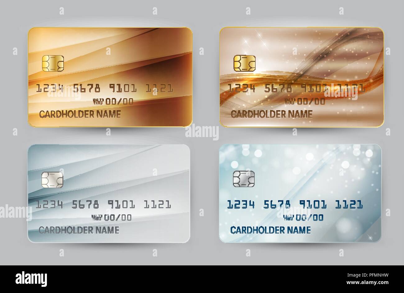 Gold and Silver Wave Bank Card blank model template top view with shadow isolated on transparent backgroundcollection set. Vector Illustration Stock Vector