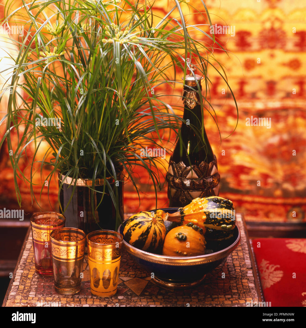 The arching umbrella effect of this Cyperus involucratus, Umbrella grass, with its long grassy leaves, provide an exotic touch to the surrounding bowl of pumpkins or squash, colourfully decorated bottle of wine and gilt-decorated drinking glasses. Stock Photo