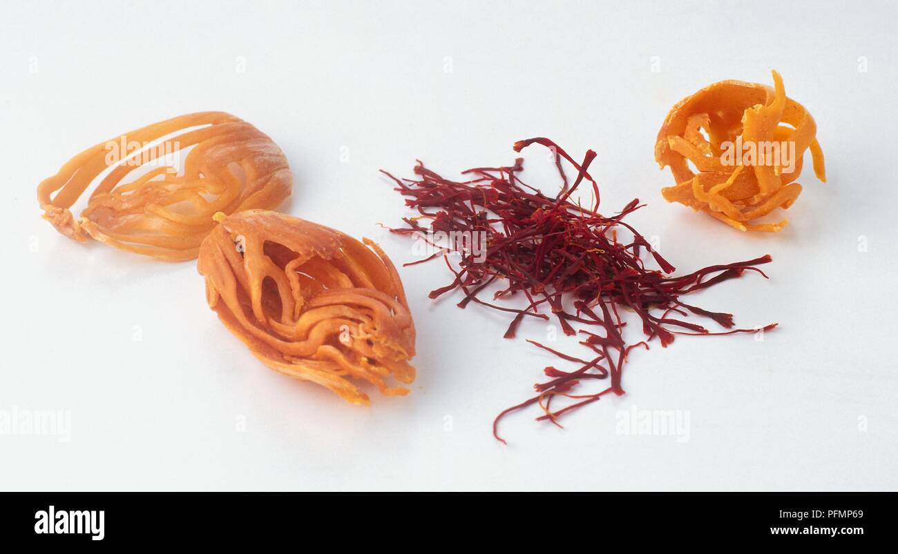 Saffron strands and Mace or Nutmeg blades Stock Photo