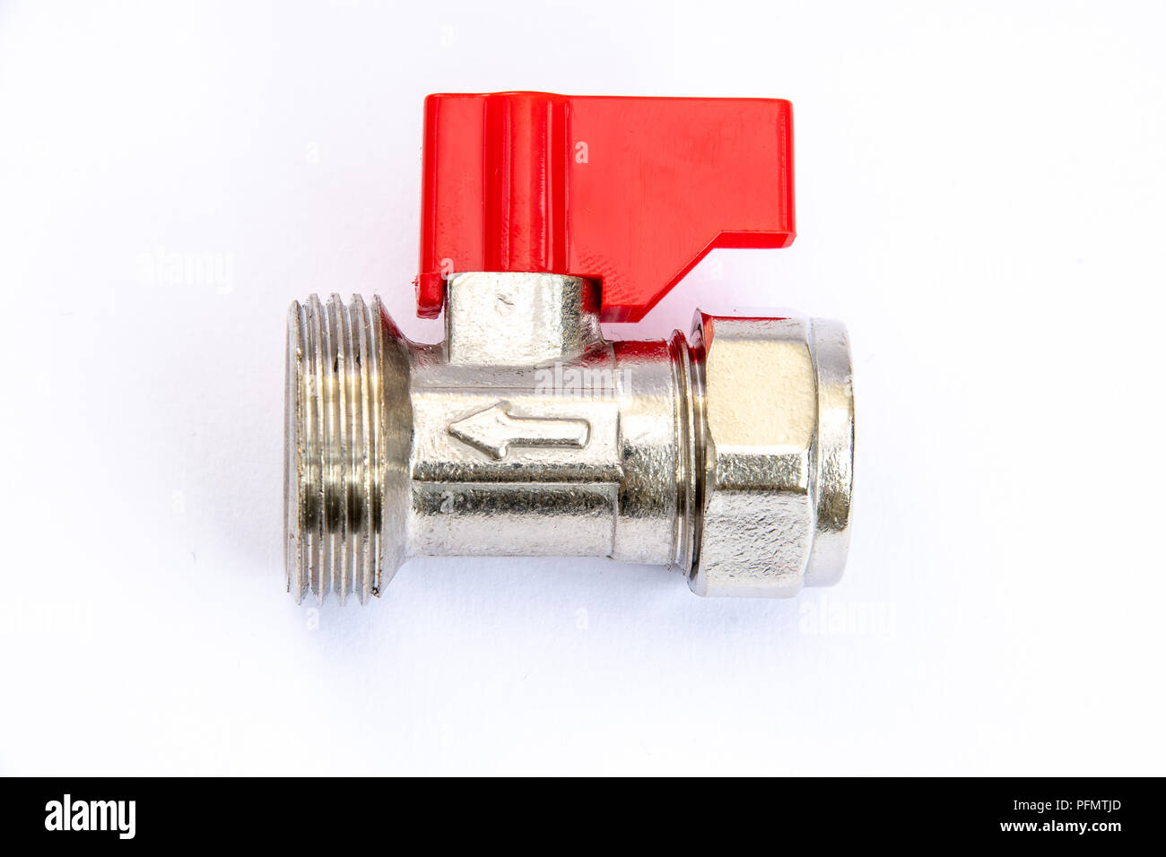 Washing machine hot water isolation tap on a white background Stock