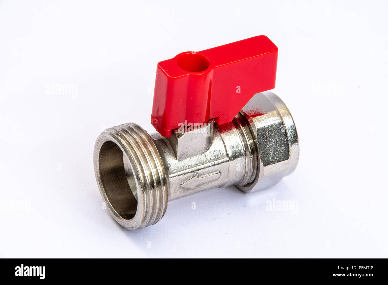 Washing machine hot water isolation tap on a white background Stock