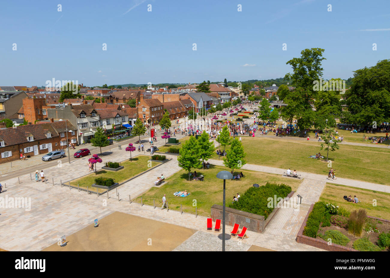 Bancroft Gardens in Stratford Upon Avon. Viewed from the rooftop bar of