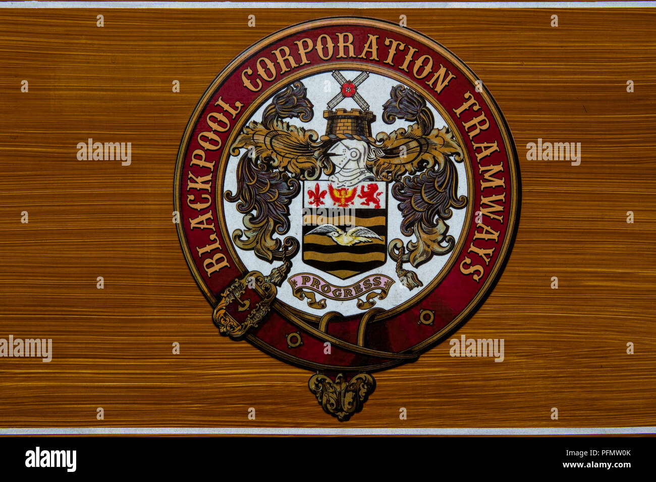 Coat of arms and logo for Blackpool Corporation Tramways panted on the side of Tram No 40 at Crich Tramway Village, Derbyshire 19/08/2018 Stock Photo