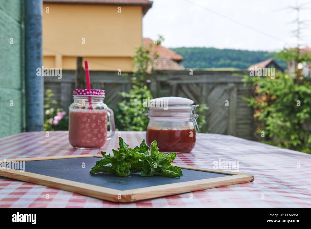Fresh lemonade mint sugar cubes on red checkered tablecloth Stock Photo