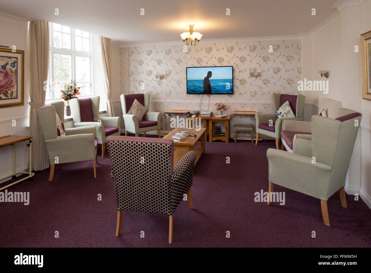 Avonpark Village, retirement and care homes, Winsley, Bath, Somerset, UK, showing typical  bedrooms, sitting rooms and dining rooms, gardens Stock Photo