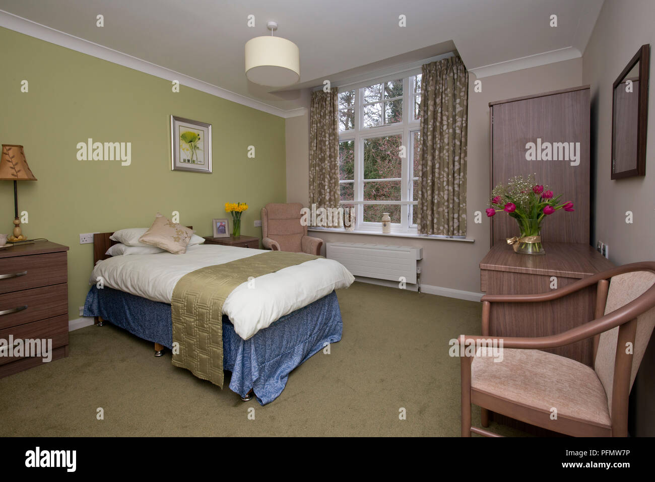 Avonpark Village, retirement and care homes, Winsley, Bath, Somerset, UK, showing typical  bedrooms, sitting rooms and dining rooms, gardens Stock Photo