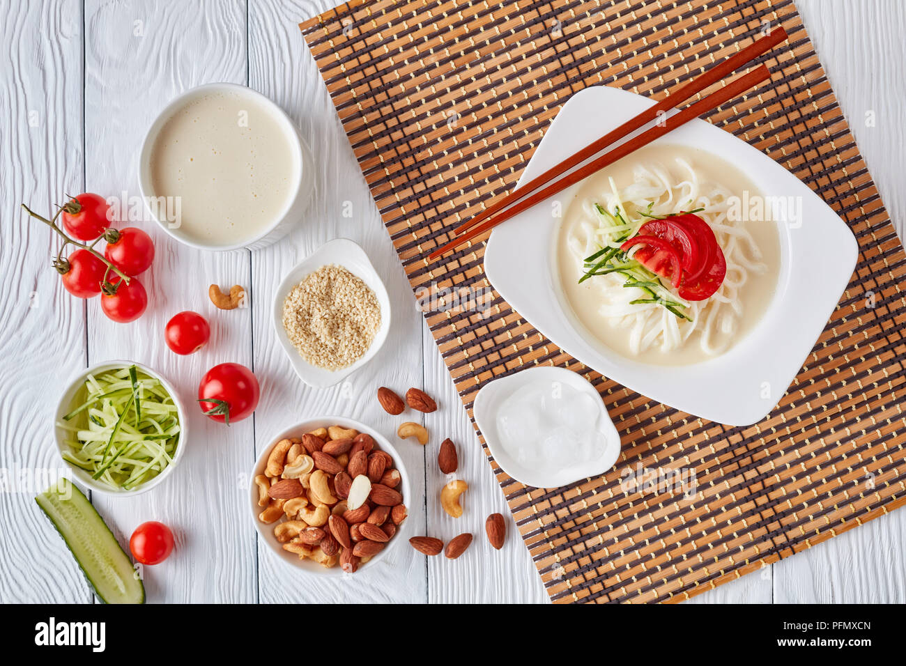 soy milk korean soup kongguksu, kongguksu with rice noodle, nuts, and
